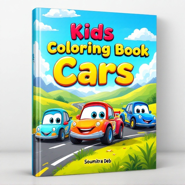 A vibrant and playful illustration of three colorful cartoon-style cars racing down a road set against a backdrop of a sunny sky, fluffy white clouds, and green hills. The cars are expressive, with large smiling faces to evoke a sense of fun and excitement. The road curves slightly, leading the viewer's eye toward the title at the top. The background is filled with bright, bold colors to grab attention and appeal to children.