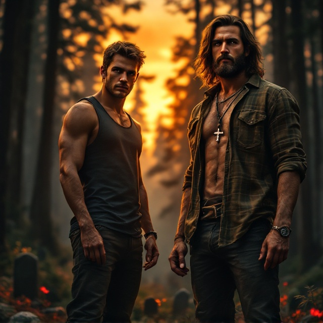Two men stand in a dark pine forest lit by the warm hues of a dying sunset. The man in a tank top stands slightly taller on the left, his piercing eagle eyes staring intensely forward. His nut-brown hair and sun-browned skin catch a faint glow from the light filtering through the pines. On the right, the second man in a green plaid shirt grips a cross necklace hanging from his neck, his beard accentuating his rugged features, his expression unreadable and haunting. Around their feet, a subtle hint of graves blends into the forest floor, shadowed but visible enough to evoke a sense of dread. The silhouettes of towering, jagged pine trees fill the background, with crimson streaks of the sky painting the mood ominously.