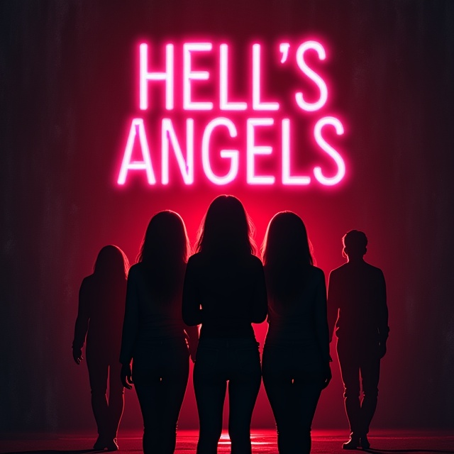 The cover features a dimly lit high school in the background representing Kartika Kasih High School. The silhouette of four women is dominant in the foreground, arranged in a circle and glowing subtly in red hues. Behind each woman is the shadowy silhouette of four men, slightly taller, looming protectively. The background is a gradient of black fading to a dark red at the top, accented with faint pink streaks symbolizing romance. The title “HELL’S ANGELS” is in large, bold pink neon-style lettering at the top center, almost like a fiery halo.