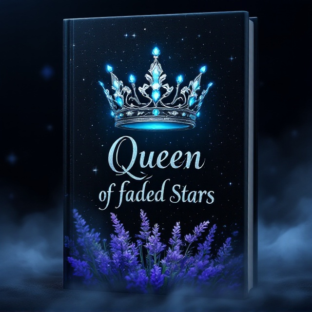 The artwork features a dark, star-speckled twilight background fading into an abyss-like black near the bottom. Hovering in the center is a polished, tarnished silver crown adorned with vivid blue jewels that glow faintly, emanating an ethereal light. The crown floats above a bed of wilting lavender flowers that bleed a faint luminescent silver. The stars in the background subtly form the outline of a fading silhouette of a woman's face, her expression distant and sorrowful. Soft mist swirls around the lower edges, creating a dreamy, melancholic effect.