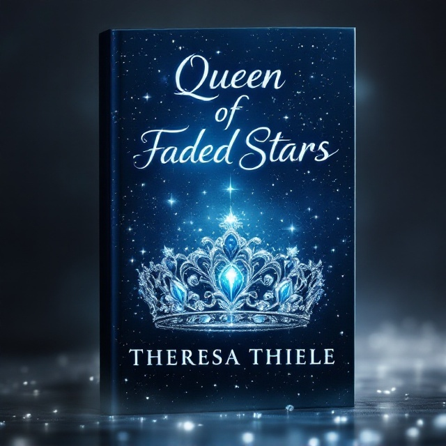 The cover features a silver diadem adorned with stunning blue jewels, positioned prominently at the center against a night sky background. The night sky is scattered with delicate, shimmering silver stars, creating an ethereal, otherworldly tone. The diadem emits a faint, broken glow, symbolizing loss and faded strength. Subtle cracks appear on the diadem to convey a sense of something once beautiful but now fractured. The soft blend of silver and pale blue tones dominates the palette, with hints of shadowy haze adding a melancholic atmosphere. The title is arched over the diadem in glowing, silver gradient text, and the author’s name is placed at the bottom in a smaller, elegant font.