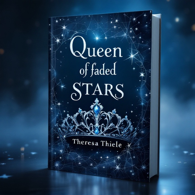 The cover features a dimly-lit background in a gradient of dark blue to silvery light blue, resembling a night sky fading just before dawn. Centered prominently is an ornate, silver diadem adorned with blue gemstones that glimmer faintly. Around the diadem are scattered silver stars, some fading at the edges, evoking a sense of melancholy. A subtle texture of cracked glass overlays portions of the background, symbolizing fragility and emotional pain. The diadem appears slightly tilted, hinting at loss or imperfection, while faint tendrils of mist swirl softly around the edges, adding depth and mystery.