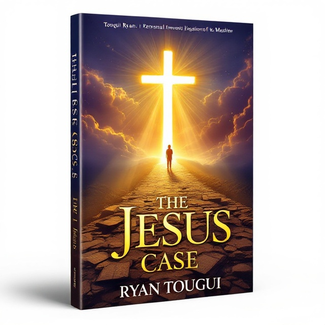 A glowing golden cross is placed at the horizon, radiating streams of light outward, illuminating a pathway lined with ancient scrolls, an open Bible, and broken fragments of artifacts scattered in the foreground. A silhouette of an individual stands at the crossroad, facing the cross in awe. Deep shades of purple dominate the sky, fading into a gradient of blue and gold near the cross. Soft clouds swirl in the upper background, adding a divine, ethereal touch.