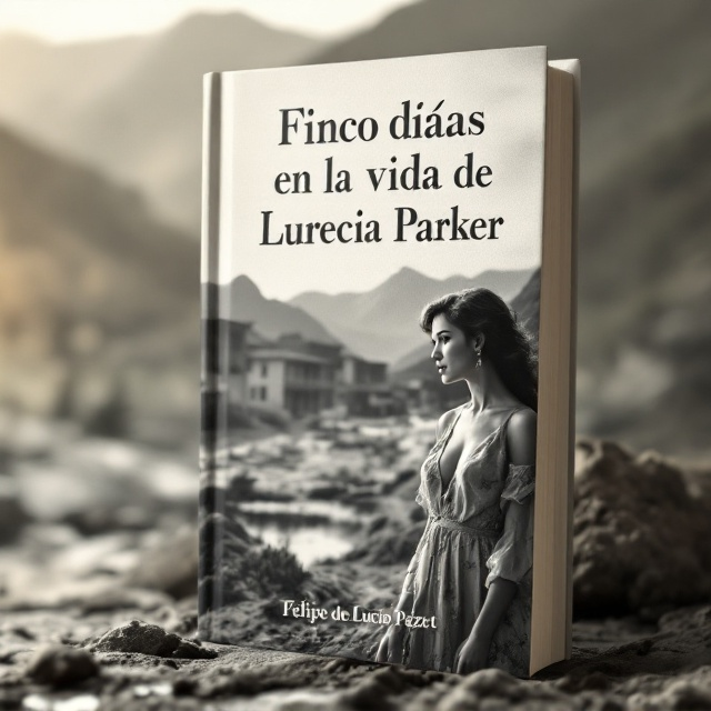 A striking monochrome photograph of the Bellavista mining camp's residences in the background, slightly faded to give a nostalgic 1970s atmosphere. In the foreground, a figure representing Lucrecia, dressed in vintage 1970s attire (a flowy dress, subtle makeup, and an air of elegance), stands gazing pensively into the distance. The backdrop subtly integrates the rugged mountainous terrain to reflect the mining town's location. A soft, golden light filters through the scene, symbolizing romance and hope.
