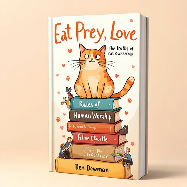 A cartoon-style illustration of a regal cat, sitting atop a towering stack of books labeled with playful titles like "Rules of Human Worship" and "Feline Etiquette." Surrounding the cat are tiny, whimsical illustrations of a human diligently cleaning a litter box, serving food on a platter, and holding a cat toy. The background is soft, pastel-colored with heart-shaped paw prints faintly scattered across it.