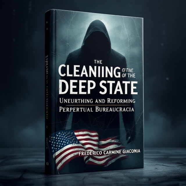 A dark, ominous, shadowy figure looms in the background, partially blending into the shadows of a bureaucratic government building reminiscent of the U.S. Capitol or the White House. Thin, eerie lines resembling spider webs subtly overlay the cover, symbolizing hidden connections and a secretive system. On the foreground, a distressed American flag is tilted, with its colors slightly muted, tainting the sense of patriotism with tension. Faint binary codes cascade in the left corner, adding the feel of digital surveillance. The atmosphere is stark and foreboding, emphasizing fear and focus. The title is imposed dynamically across the midpoint, dividing shadow and transparency, with the author’s name in smaller text below.