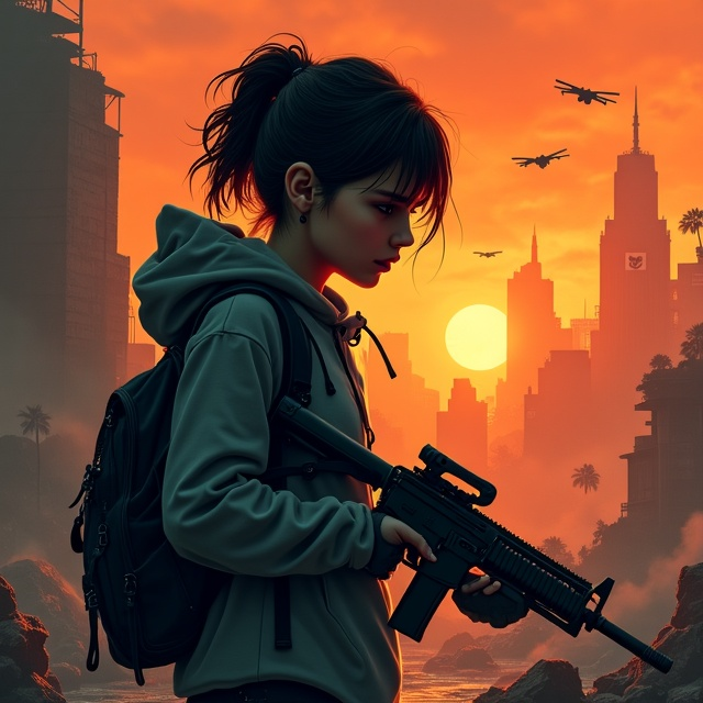 The central figure is a teen girl, Leïala, visibly distressed with unevenly cropped, chaotic hair, gripping a sleek, futuristic weapon. Her face is partially illuminated by the orange glow of an apocalyptic city burning in the background. The scene shows the shadow of crumbling skyscrapers, debris strewn across the ground, and faint silhouettes of drones surveilling the air. A hovering, oppressive government logo is faintly visible amidst the smoke and fire, symbolizing the authoritarian force. The overall color palette is a cold mix of grays and blacks contrasted with glaring oranges and reds from the flames.