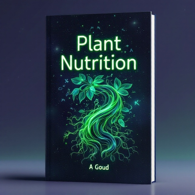 A mysterious, sprawling alien plant dominates the cover, its roots sprawling and intertwining in a glowing, neon-green hue. The plant's leaves shimmer with otherworldly metallic and translucent textures, suggesting a connection to advanced technology. The background displays a starry outer space environment fading into soft, gradient shades of deep purple and emerald. A faint image of DNA helixes and chemical symbols hovers in the backdrop, layering science-fiction elements and establishing the plot as linked to plant nutrition and biotechnology.