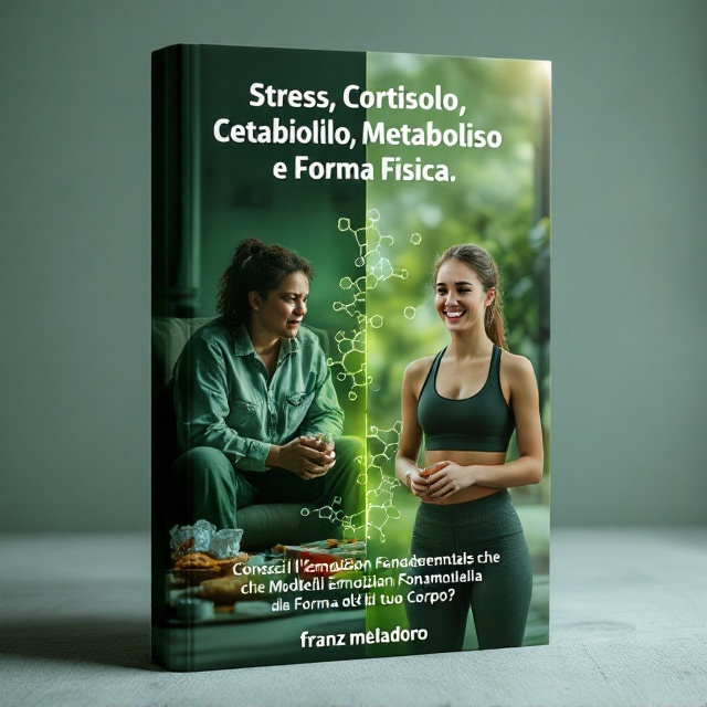The cover features a split-screen design. On one side, a stressed, heavier woman sits on a couch with fast food wrappers surrounding her, looking anxious. This side has a dim, shadowy background in shades of dark green. On the other side, a slim, happy woman in athletic wear smiles confidently in an open, brightly-lit environment with a fresh green foreground and subtle light gradients. In between the two figures, an abstract representation of cortisol molecules subtly overlaps both sides, visually connecting the emotional and physical states.