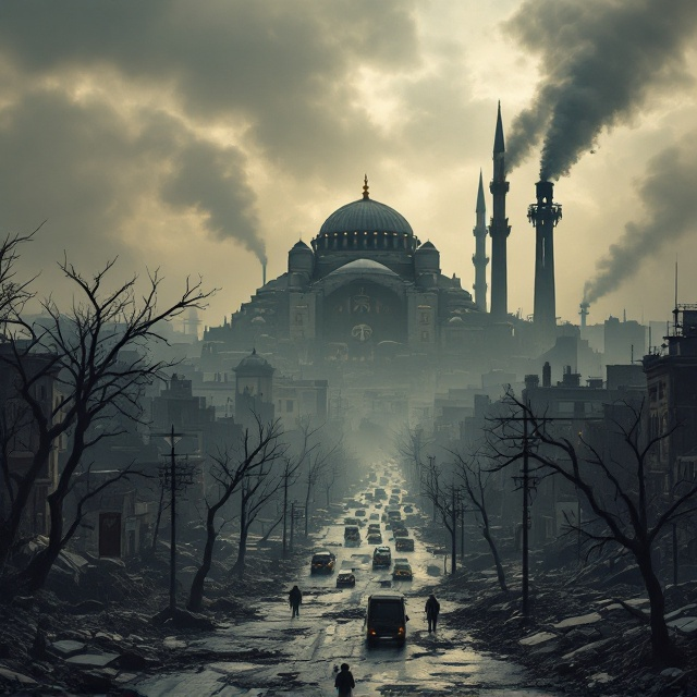 The cover features a smoky, gothic atmospheric depiction of modern-day Istanbul in ruins. The skyline reveals Hagia Sophia and the Galata Tower prominently in the background, both partially damaged, shrouded in industrial haze. The foreground captures a dystopian urban street with slums, heavily crowded traffic, and broken-down vehicles. Dead trees line the broken roads, their gnarled branches cutting ominously across the scene. Factory fumes spiral upward from the background, polluting the muted gray and brown skies. A faint religious symbol subtly overlays the Hagia Sophia’s dome, while torn political posters are scattered along the roadsides.