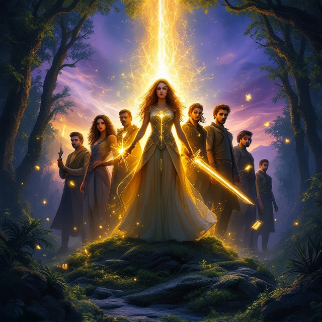 The cover showcases Elara in the center, illuminated by a beam of golden light, holding a glowing sword in her right hand and a shimmering wand in her left, radiating power and determination. Surrounding her are the seven guardians—Aelar to her right in a proud stance, Liora just behind Elara with her mysterious smirk and bag of gold, Kael leaning relaxed on a mossy rock, Garrick holding his weapon with intensity, Mistral encircled by floating, glowing tomes of magic, Rhea standing in the background with her ascetic bow drawn, and Thorne at ease to the far right. Their positions form a semi-circle that suggests unity. Behind them, the backdrop combines a striking emerald forest, a mystical twilight sky with swirling purple and blue hues, and woven within all of it subtle golden motifs that highlight the presence of magic. At the bottom of the cover, faint and shadowy depictions of the seven deadly sins emerge from the shadows, subtly contrasting the vibrancy above.