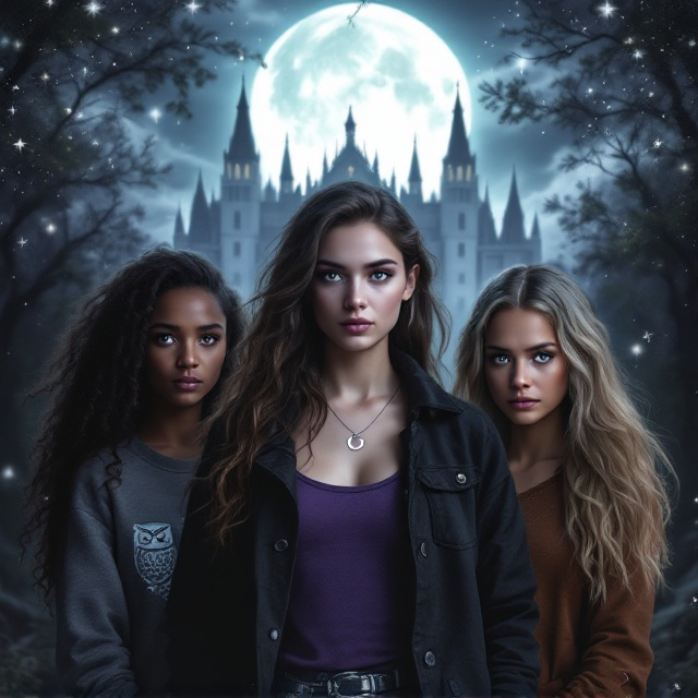 The cover showcases a mystical night setting with a glowing, full moon high in the background. Framing the moon is the outline of an intricately designed white, castle-like school with tall spires and ornate windows. The three girls are positioned in the foreground. The center girl, Artemis Blake, stands slightly forward with a confident expression, her silver eyes glowing faintly. She wears her black jacket over the purple tank top, her silver crescent moon necklace catching the moonlight. To her left, the girl with medium-brown skin and long, tightly curled dark hair stands with her dove-grey eyes peering mysteriously through her partially covered face, the sweatshirt’s owl emblem barely visible in the shadows. On the right, the Native American girl gazes towards the reader with calm intensity, her mint-green eyes contrasting beautifully with her flowing light beige hair. Subtle mystical glimmers surround the girls, adding an ethereal glow. The background blends dark purples and shadowy tones, with stars dotting the night sky.