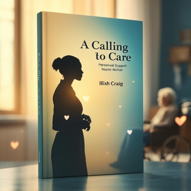 A soft gradient background transitioning from warm tones of golden beige to a deep calming blue, symbolizing care and time. A prominent silhouette of a personal support worker leaning slightly forward, positioned in the mid-ground, with an elderly person in a wheelchair in the distant right background. The setting features subtle details of a long-term care facility—faint outlines of curtains, a window with gentle light streaming through, and vague glimpses of medical equipment. Delicate heart-shaped light flares overlay the scene, symbolizing love amidst challenges.