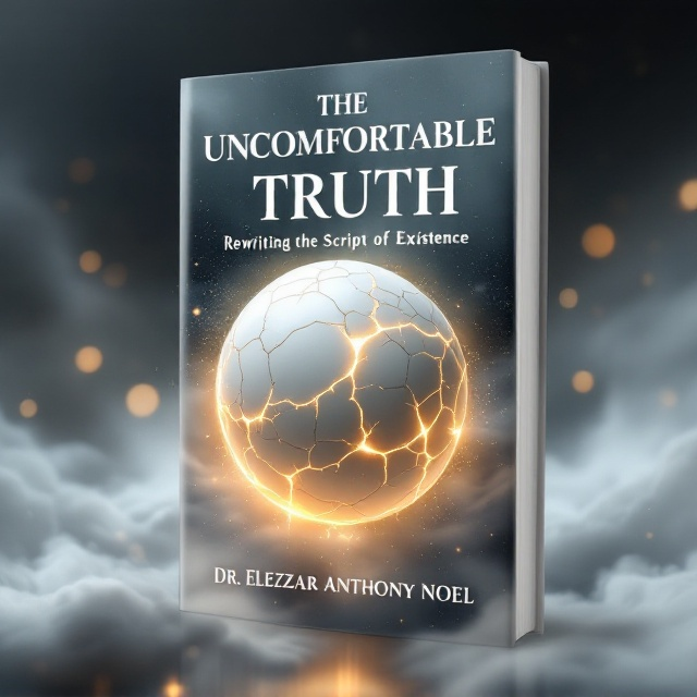 A surreal image of a cracked, white porcelain sphere representing "truth," floating in an infinite space that fades into an abstract landscape. The cracks glow faintly with golden light, symbolizing difficult revelations breaking through. In the background, blurred outlines of geometric shapes and galaxies hint at deeper existential concepts. The foreground features a hazy mist, creating a curious, translucent aesthetic where details emerge subtly.