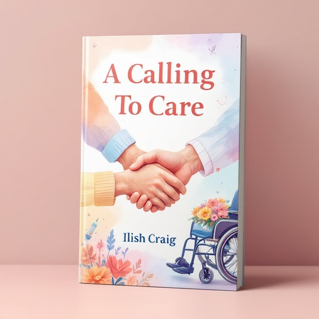 A soft watercolor backdrop of warm tones (peach, lavender, light blue, and soft yellow) creates a calming yet vibrant atmosphere. In the foreground, a wheelchair is positioned on the right-hand side with a bouquet of vibrant flowers sitting on its seat. Two hands, one elderly and frail, the other youthful and supportive, clasp gently at the center of the composition. Scattered behind them are subtle medical elements like stethoscopes and syringes, humorously illustrated in a cartoonish style. A figure of a personal support worker smiling warmly is outlined subtly in the background, slightly faded but noticeable.