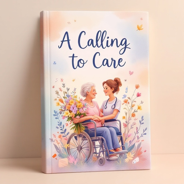 A soft watercolor background in warm tones of peach, lavender, light blue, and soft yellow sets a serene and uplifting atmosphere. In the foreground, slightly to the right, a wheelchair holds a vibrant bouquet of wildflowers, implying care and tenderness. At the center of the composition, two hands—one elderly and frail, the other youthful and supportive—are clasped, positioned as a focal point. Behind them, various medical tools such as stethoscopes, syringes, and pills are whimsically illustrated in a cartoonish style, scattered but not overpowering the artwork. Slightly faded yet visible in the background on the left-hand side is the outline of a personal support worker, smiling warmly, rendered subtly to maintain focus on the central elements.
