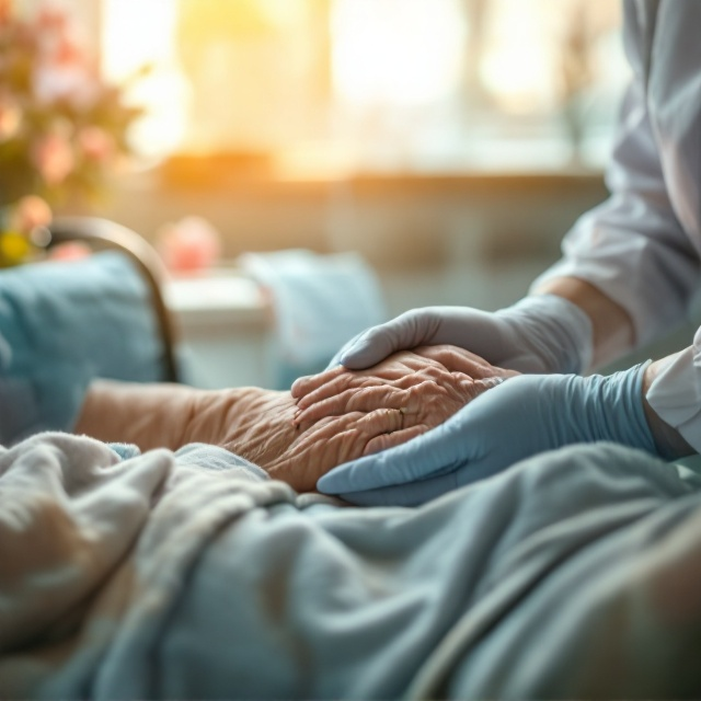 A serene hospital room bathed in soft golden tones is depicted. In the foreground, the young hands of a medical professional wearing light blue gloves delicately cradle the gnarled, wrinkled hands of an elderly patient. Nearby, a wheelchair with a blanket draped over it sits slightly blurred in the background. Flowers in soft pastels rest on a bedside table, with their petals partly silhouetted against an illuminated window. The subtle silhouette of a medical mask hangs on the edge of the wheelchair, tying the scene to the medical field.