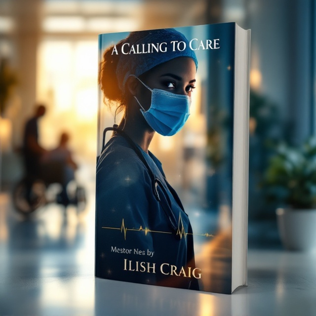 A young female healthcare worker is depicted in close-up silhouette on the left side of the cover, wearing scrubs and a blue surgical mask. Her eyes, placed near the center, are highlighted with striking depth, showing emotions of compassion and resilience. The background is a softly blurred hospital corridor with golden sunlight streaming in through a window on the right side of the cover. Subtle silhouettes include an elderly patient in a wheelchair near the window. A delicate overlay of faint fingerprints discreetly stretches near the edges, while a symbolic heart monitor line gracefully weaves across the bottom and fades.