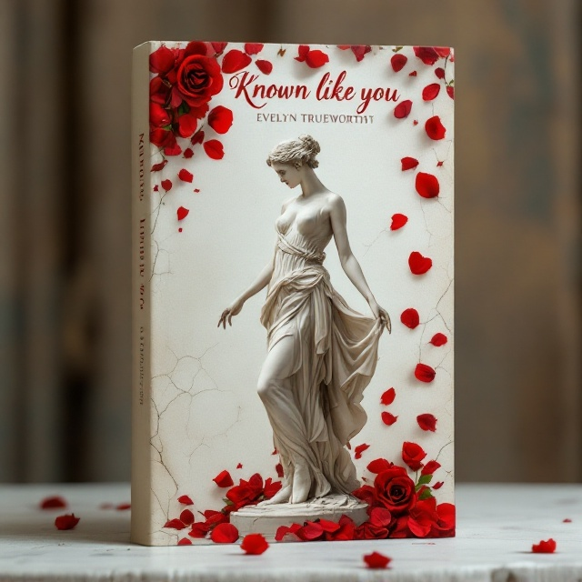 A Greek-style marble statue of a ballerina striking an elegant passé pose dominates the center of the cover. The statue exudes an air of timelessness, with cracks and chipping adding to the desperate and emotional tone. Soft, warm ivory hues set the background, while crimson rose petals cascade from the upper edge of the cover, creating a contrast that draws the eye. The petals drift over the statue, some caught at her feet, and others gently falling past her figure, symbolizing fragility and longing.