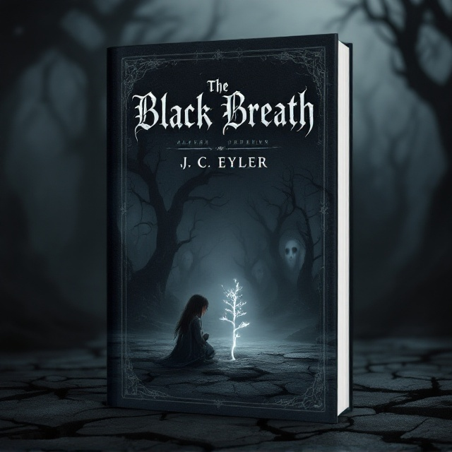 A dimly lit, black-dominated background with gray, mist-like shadows drifting across. A young girl in tattered, dark gray clothing kneels solemnly before a small, ghostly white sapling sprouting from cracked ground. The sapling emits a faint, ethereal glow, providing the only light source. The backdrop consists of gnarled, dark trees whose dead branches twist ominously upward. Subtle, nearly imperceptible ghostly faces or silhouettes emerge from the shadows of the background.