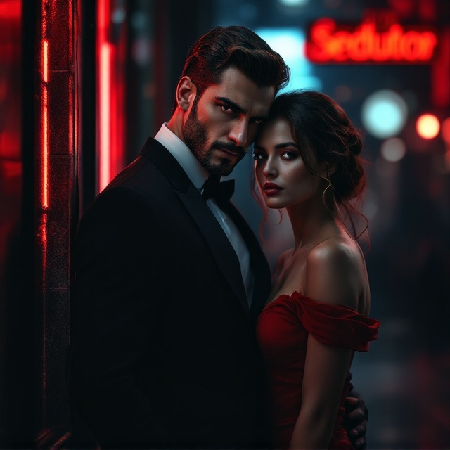 A dark and sultry scene with a mysterious man in a tailored black suit and a charismatic smirk, standing in the foreground. His face is partially veiled in shadows, illuminated only by the dim, crimson glow of a nearby neon light. A woman in an elegant red dress is leaning against him, her face turned slightly away, adding to the sense of allure and mystery. The background is a blurred urban nighttime setting, with faint lights and a haze giving a cinematic effect.