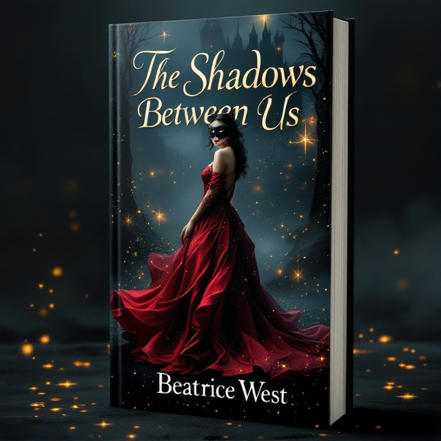 A dark and magical setting with a shadowy castle in the background, partially veiled by mist. A woman in a flowing crimson gown stands boldly in the foreground, her face partially hidden by a dramatic mask, symbolizing mystery. Surrounding her are faint golden sparkles and swirls, giving a magical touch. The overall ambiance is dark yet romantic with hints of menace.