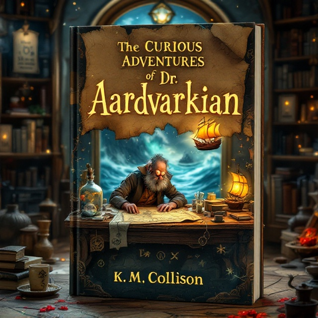 A whimsical scene featuring Dr. Aardvarkian, a slightly eccentric figure in a worn adventurer's outfit, bent over a large wooden desk cluttered with ancient tomes, a glowing treasure map, and mysterious artifacts. A ship-in-a-bottle with glowing golden sails floats above the desk, hinting at magical elements. The background shows a shadowy study filled with bookshelves, maps pinned to walls, and faint magical runes glowing on the edges. Faint glimpses of a stormy sea with a treasure ship can be seen through an arched window framed behind him.