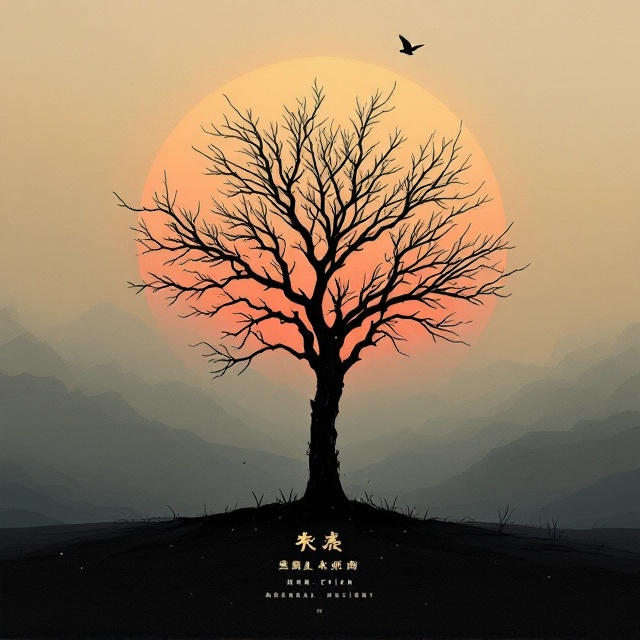 A solitary tree, nearly barren with only a few leaves clinging to its branches, stands in the center of the cover against a vast, desolate horizon. The background fades gradually from deep, shadowy black at the bottom to a soft, diffuse orange-red glow at the top, symbolizing both despair and a glimmer of hope. A crane flying across the sky is faintly silhouetted in soft strokes, representing resilience and fate. Textured strokes of muted gray and earthy tones are subtly added across the cover, evoking a sense of wear and rawness.