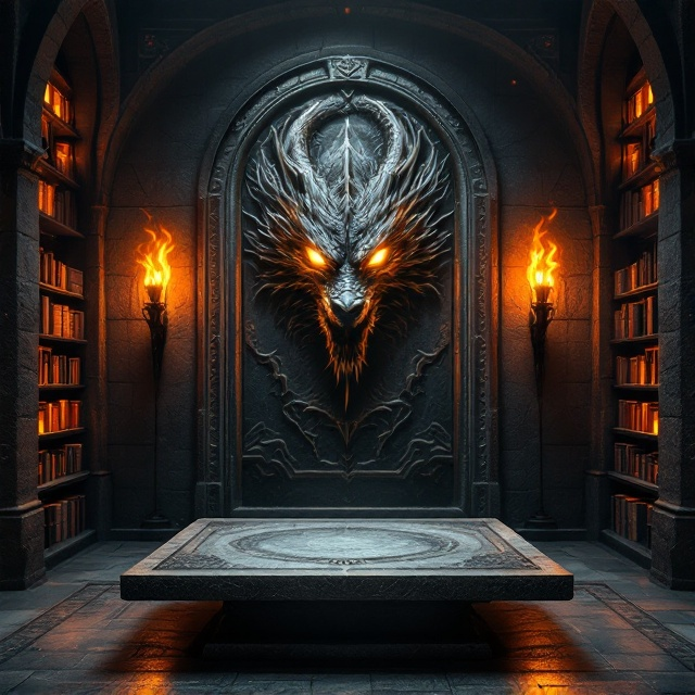 The dark room is centered on the cover, with an ambient orange glow cast by multiple torches mounted on stone walls, emphasizing the mysterious atmosphere. A monumental stone table occupies the lower-third portion of the composition, its surface adorned with shadowy engravings. Bookshelves line the left and right edges, packed with aged books emitting faint glows. Front and center on the mural wall is an intricately carved dragon painting, its eyes glowing faintly orange as though alive. Wisps of shadow appear to swirl across the room, adding an ethereal, fantasy-like touch.