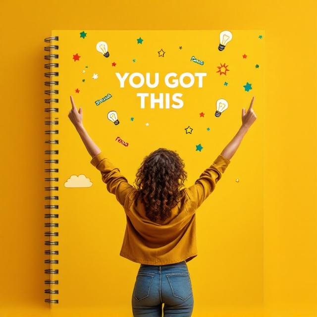 A vibrant back view of a confident young woman standing tall, arms raised in victory against a golden yellow (#FFD700) background. The subject wears crisp business casual attire with a bright smile subtly visible from a partial side view. Stylized light bulbs, stars, and checkmarks float around her in an energetic and dynamic pattern. Motivational words like "Strength," "Focus," and "Confidence" are scattered around, rendered in gradient shades (green #4CAF50, blue #2196F3, orange #FF5722). The spiral-bound edge is subtly incorporated on the left-hand side, creating the illusion of a spiral notebook.