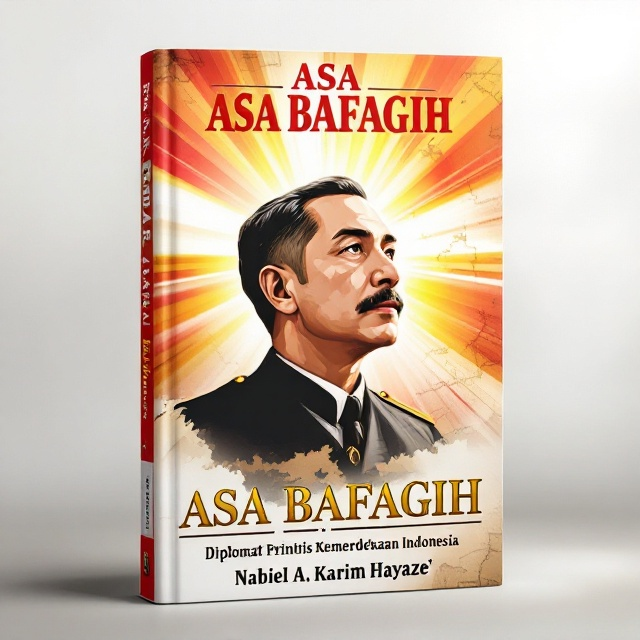 A bold illustration of Asa Bafagih in semi-profile at the center, surrounded by radiant light rays symbolizing hope and freedom. The background features a subtle blend of the Indonesian flag colors (red and white) transitioning into a map outline of the archipelago. A faint historical document or letter motif is layered subtly in the background, adding depth.