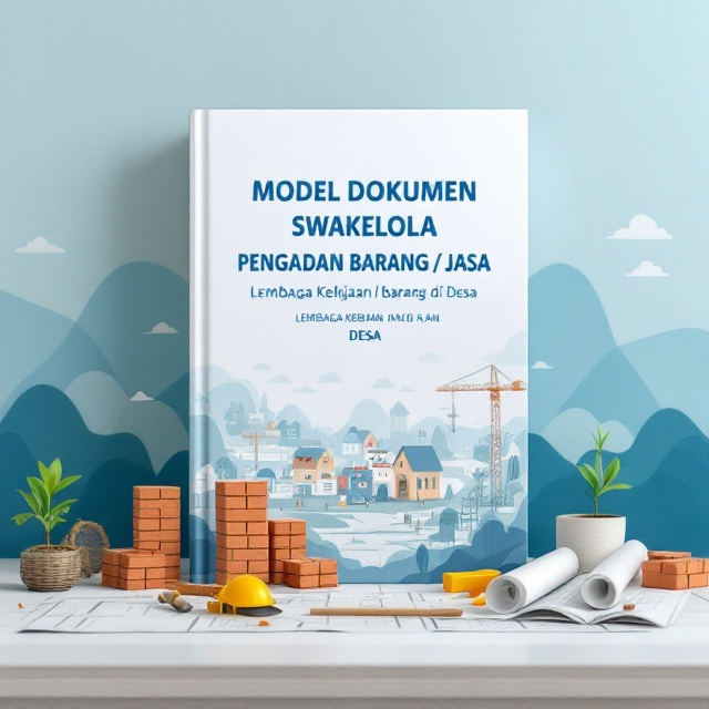 A formal composition showcasing a depiction of construction elements like brick stacks, blueprint rolls, and tools laid out neatly on a clean work surface. In the background, faint illustrations of a village with small buildings (representing a rural setting) are set against a soft gradient wash of blue and white to give a fresh, professional feel. The cover also incorporates subtle abstract geometrical patterns to give a polished vibe.