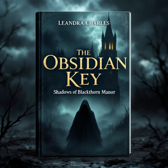 A haunting Blackthorn Manor stands in the background, its tall Gothic spires cutting against a tumultuous, stormy sky painted in deep shades of black and muted blue. Faint glimmers of light radiate from the manor's windows, hinting at mysterious activity inside. The foreground reveals a shadowy figure cloaked in mist, standing ominously with its silhouette partially obscured, adding an air of suspense. Sparse dead branches extend from the edges of the frame, framing the composition to evoke an eerie, desolate atmosphere.