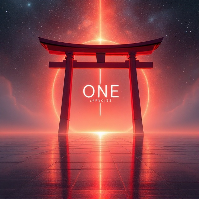 A massive torii gate, its vivid red hue muted by the ethereal tones of an endless, dreamlike landscape. Reality bends and warps around the gate, with surreal cracks in the air and threads of light subtly drawing the observer’s eye toward the horizon. The background blends stars, faint nebulae, and misty clouds, giving the setting a cosmic, transcendental feel. The torii gate is central, powerful, and otherworldly. Below the gate, a glowing, reflective surface, as though the ground itself is made of liquid or polished metal, stretches endlessly. Shadows and subtle distortions emanate from the gate, reinforcing its presence as a doorway to something beyond comprehension. "ONE" falls vertically through the gate’s heart with a faint glow. "SPECIES" stretches horizontally across the reflective surface beneath, seeming to melt into the landscape.