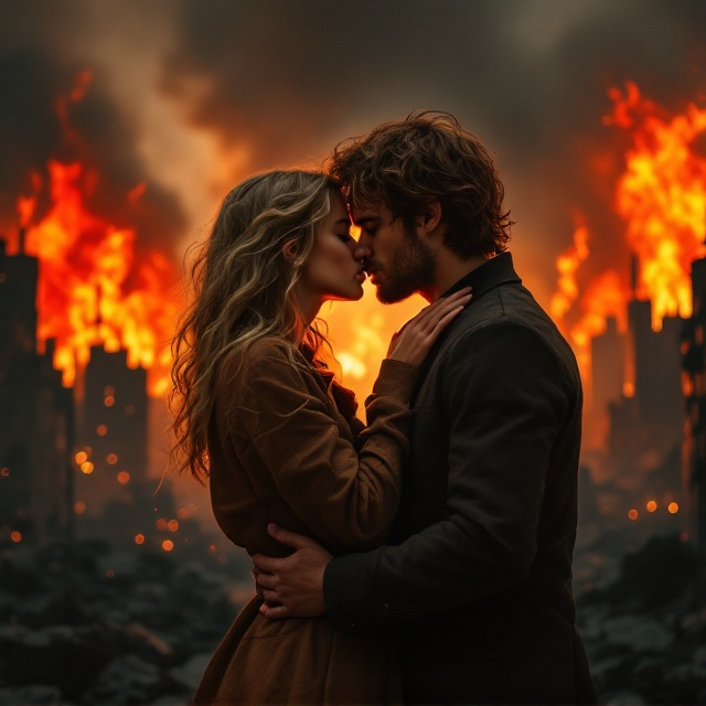 A dramatic scene featuring a blond girl and a brown-haired man in a passionate embrace, locked in a kiss. Behind them, a dystopian cityscape is ablaze with roaring flames and smoldering smoke rising into a dark, ash-streaked sky. The fire casts a red-orange glow, mingling with blackened structures that evoke chaotic destruction. Their shadows and silhouettes meld into the burning backdrop, amplifying the angsty romantic tension. The girl’s golden-blond hair reflects the firelight, almost appearing as additional sparks, while the man’s disheveled brown hair and soot-streaked face suggest resilience amidst ruin.