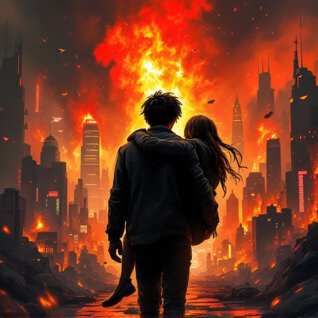 A striking, cinematic illustration of a black-haired boy carrying a blonde-haired girl with braids. They are walking away from a chaotic, futuristic city engulfed in vibrant, consuming flames and billowing smoke. The city skyline features futuristic skyscrapers with broken glowing neon signs, flying vehicles falling from the sky, and crumbling structures. The characters are positioned in the lower third of the composition, illuminated by backlighting from the city fire, casting dramatic shadows. The boy looks determined and slightly wounded, while the girl appears unconscious or weakened. The background subtly fades upward into a smoky, apocalyptic red-and-gray sky.