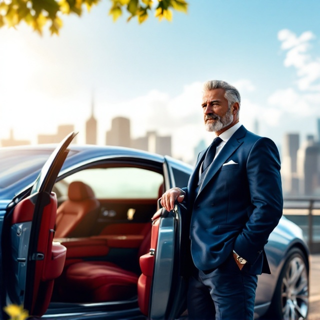 A distinguished gentleman, dressed in an elegant navy blue suit, stands confidently next to a gleaming soft blue Rolls Royce Phantom. The car door is open, revealing luxurious red interior upholstery that adds a pinch of boldness. The background shows a serene cityscape bathed in soft sunlight, with a gradient soft blue sky blending into white near the horizon, symbolizing optimism and success. A subtle texture of wealth symbols, such as dollar signs and keys, lightly overlays the background.