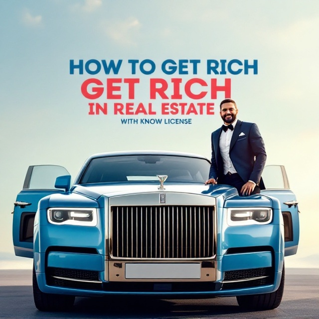A luxurious sky blue Rolls Royce Phantom is front and center, its glistening hood and iconic grille dominating the foreground. In the background, there’s a clean, soft gradient sky transitioning from warm blue to a subtle red hue at the top. Standing confidently at the open rear door of the car is a distinguished gentleman dressed in an elegant suit, exuding wealth and contentment. The scene is framed to emphasize the opulence of the car and the happiness radiating from the individual.