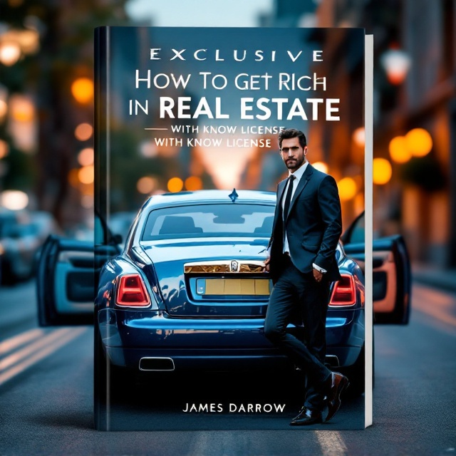 The design features the front of a sleek Rolls Royce Phantom in soft blue with polished details reflecting a luxurious appeal. The car is positioned prominently in the center of the cover, with its rear door open where a distinguished gentleman in a tailored suit is stepping out. His confident posture exudes prestige and success. The background is a blurred view of a cityscape at dusk, in gradients of warm golden hues fading into the soft blue. A subtle hint of red in the taillights of the car ties in with the color theme. The word "EXCLUSIVE" appears bold and stylish in cursive at the top-left corner.