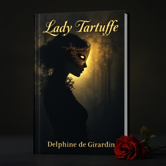 A mysterious silhouette of a woman stands in profile, her contemplative face partially covered by the soft glow of an ornate yellow masquerade mask. The backdrop is a noir-inspired gradient with shadows suggesting secrecy and betrayal, featuring subtle textures of lace overlapping as if hinting at romance and deceit. A single red rose lies at her feet, partially visible in the lower right, symbolizing the complexity of love.