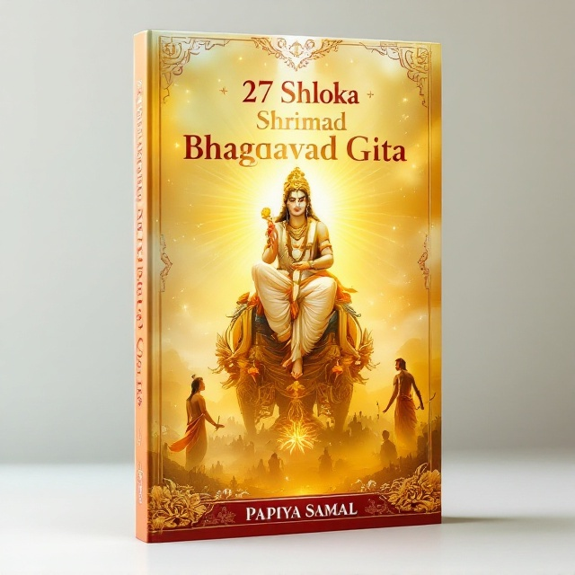 A celestial and ethereal background comprising shades of yellow, white, and subtle golden hues, symbolizing spirituality and divine energy. Central to the cover is an artistic depiction of Shri Krishna seated on a grand chariot, his serene figure glowing, and holding a divine flute. In front of him, a focused yet respectful Arjun listens attentively, holding a bow in hand. Surrounding the two figures is an ethereal golden aura, with rays emanating outward. The lower half of the cover shows faint silhouettes of Kurukshetra’s battlefield, blending with the celestial backdrop. Delicate lotus patterns and Sanskrit motifs adorn the edges to enhance the spiritual theme.