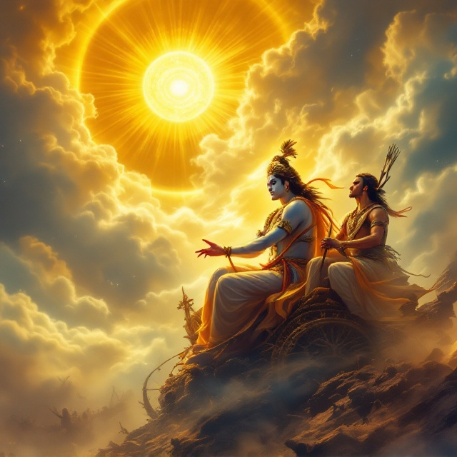 The cover showcases a highly realistic and spiritually evocative illustration of Shri Krishna and Arjun on a chariot. Shri Krishna is depicted in his divine form, glowing with a serene yellow and white aura while holding his flute, gesturing toward Arjun as he narrates the Gita. Arjun, with a warrior's expression, is seen sitting attentively, holding a bow and arrow. The background features a battle scene blurred into celestial clouds to create an ethereal and spiritual tone, with a radiant golden sun shining at the center, symbolizing divine guidance. The title is at the top in bold typography, arched to fit the cover’s flow.