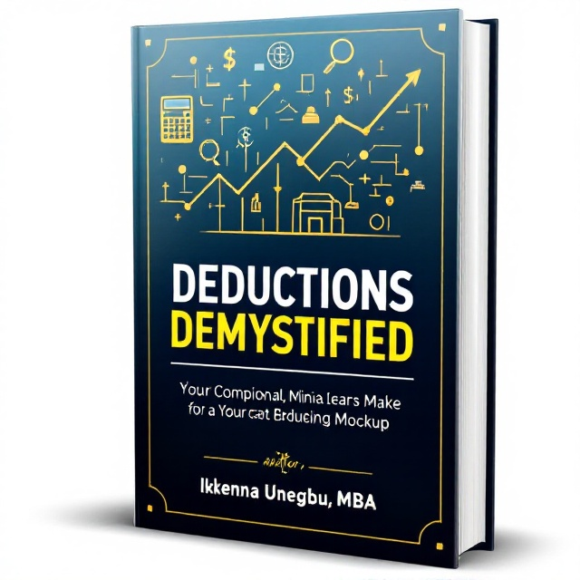 A sleek financial diagram made with intersecting golden lines and symbolic icons such as a calculator, a dollar symbol, and a magnifying glass, placed in the top half of the cover. A gradient background transitions from a deep royal blue at the top to a lighter sky blue at the bottom, symbolizing clarity and understanding. The title, “Deductions Demystified,” is displayed prominently in bold, modern typography in the center, with a subtle glowing effect. Gold accents frame the edges to instill a sense of prestige and professionalism.