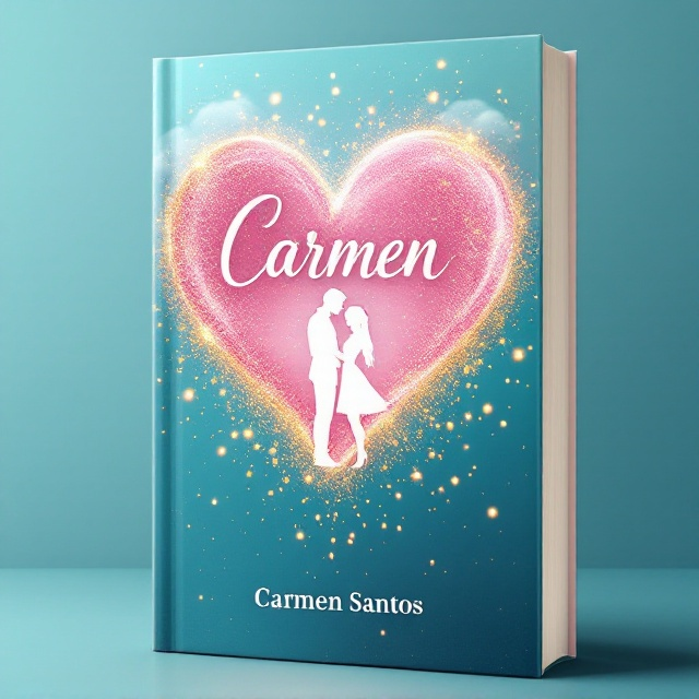 The background features a serene turquoise blue gradient that transitions from deep to light hues, symbolizing depth in emotions and the serenity of love. In the center, a large pink, semi-transparent heart is surrounded by sparkling golden glitter particles, radiating joy and happiness. Within the heart, subtle white silhouettes of a couple embracing are delicately placed to emphasize love and romance. Faint, soft clouds are scattered across the upper background, adding a dreamy feel.