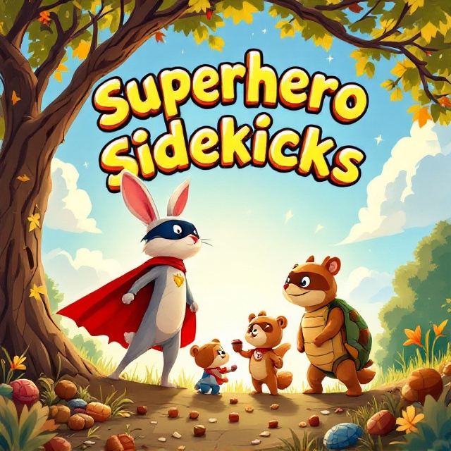 The cover is designed in a vibrant cartoonish style. Bunbun the rabbit and Tucker the tortoise are front and center, depicted as superhero versions of themselves with capes and masks. They stand heroically on a tree branch, facing off against a group of mischievous cartoon squirrels holding acorn "loot bags." Meanwhile, in the background, Connie and Carter (the sister and brother) are looking up from beneath the tree, hugging their ordinary teddy bears. The scene is colorful and lively, with exaggerated action lines and glowing effects highlighting the two animal heroes. Clouds in the sky spell out the title in bold letters, while the ground below is littered with scattered snacks and acorns.