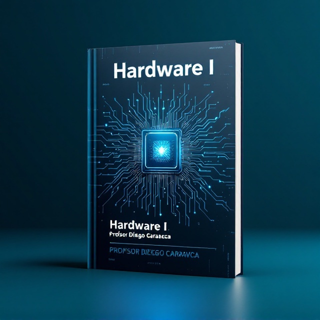 A sleek and modern design featuring a central image of a deconstructed computer chip with intricate circuitry patterns extending outward, giving a sense of depth and complexity. The background is a gradient ranging from dark navy blue to vibrant teal, evoking a cutting-edge, technological feel. Subtle coding text strings are faintly visible overlaying the background, contributing to the science and technology theme. The book title "Hardware I" is prominently placed above the chip image, while the author's name "Profesor Diego Caravaca" is positioned at the bottom in a smaller size, maintaining balance.