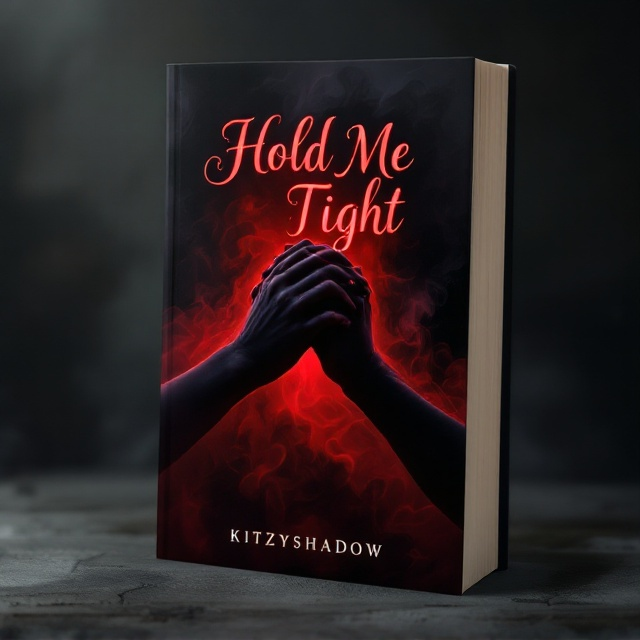 Two shadowy hands reaching out and clasping each other tightly at the center of the cover, as if resisting being pulled apart. The background depicts a blend of swirling black smoke and red undertones, creating a dark and eerie romantic vibe. Subtle mist rolls around the edges to further enhance the atmospheric tension. The hands are softly illuminated by a faint crimson glow, emphasizing the connection amidst the surrounding darkness.