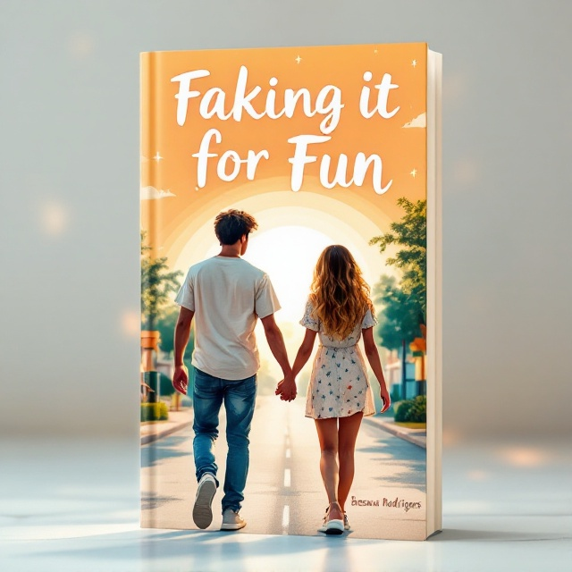 Two teenagers, a boy and a girl, are walking hand-in-hand along a sunny suburban neighborhood street. The background includes faint sketches of a small playground and tree-lined houses to evoke nostalgia. The boy is wearing a slightly loose t-shirt and jeans, and the girl is wearing a summer dress with sneakers. The title "Faking it for Fun" stands out above their heads in bold, playful font, while the author’s name, “Breana Rodrigues,” is subtly placed at the bottom in elegant cursive.