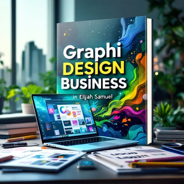 A vibrant designer's workspace featuring an angled laptop displaying an open design software interface with vivid creative elements on the screen. Sketchpads with hand-drawn logo concepts and a stylus pen are scattered on the desk. Behind this, a semi-transparent overlay of a modern city skyline rises in the background, symbolizing ambition and career growth. Bright, abstract splashes of green and blue flow from the laptop screen, blending into modern geometric shapes to add energy and movement.