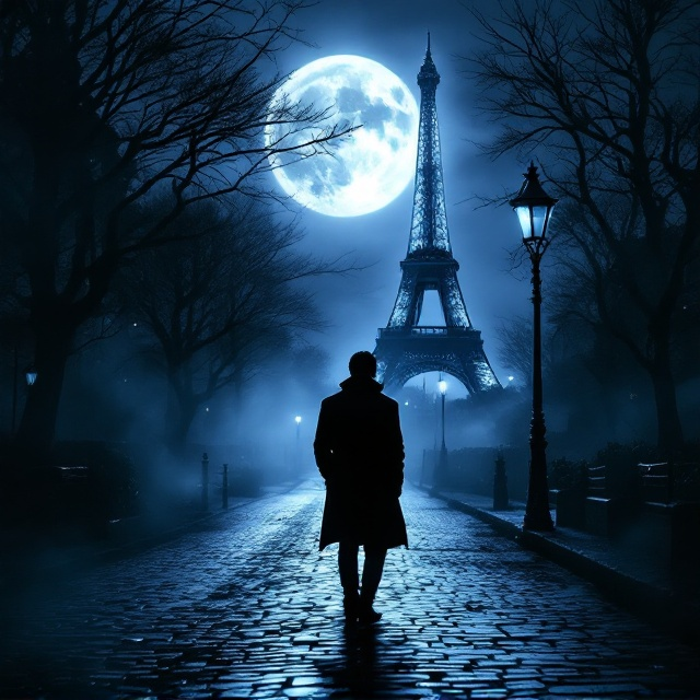 A mysterious silhouette of a man standing on a cobblestone street in Montval, France, during twilight. The Eiffel Tower is faintly visible in the background, illuminated by a pale moonlight that gives a haunting glow. Surrounding elements include shadowy outlines of bare trees framing the sides, a vintage street lamp casting an eerie glow, and traces of baby blue mist swirling across the foreground to add an air of suspense. The edges of the cover blur softly into darkness to frame the central figures and visuals.